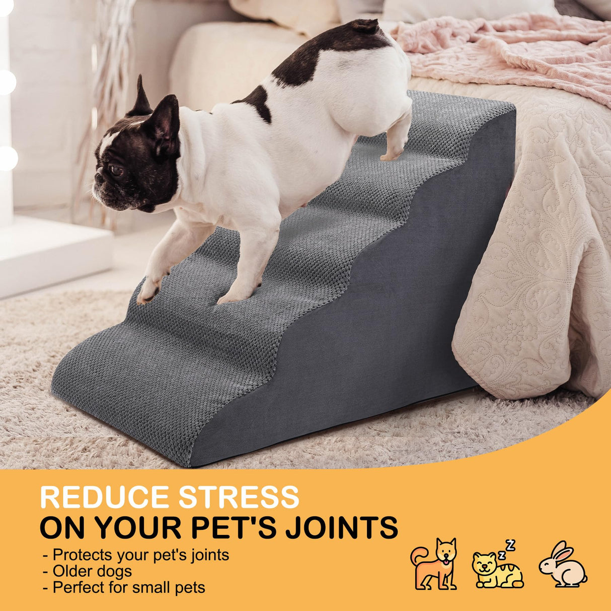 CiWiVOKi Dog Stairs for Bed, 5-Step Dog Steps for Couch and High Bed, Non-Slip Pet Stairs, 24" High Sofa Foam Ramp - Best for Small Pets, Older Cats with Joint Pain