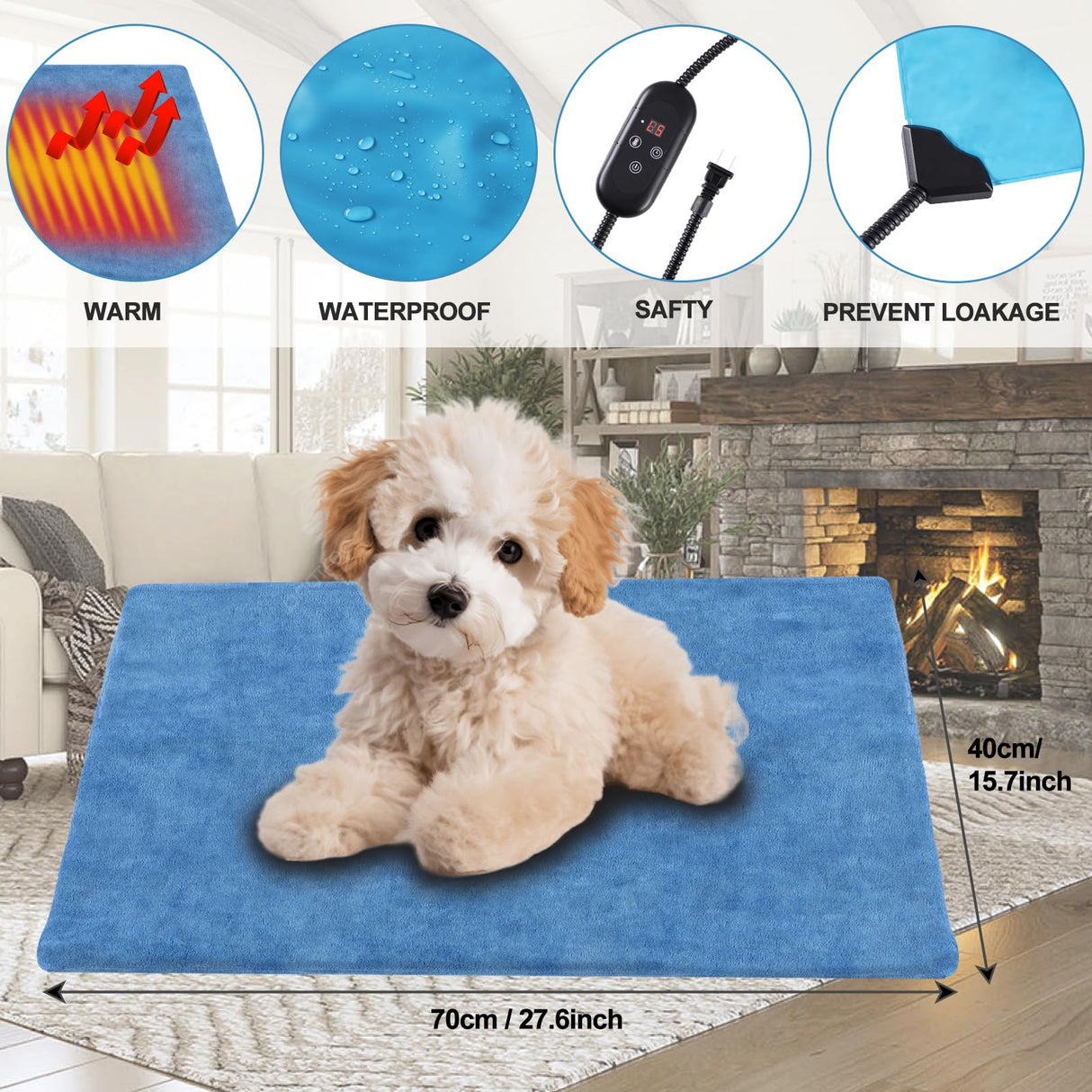 KEKELAN Pet Heating Pad for Dogs, Indoor Outdoor Heated Cat Bed Waterproof Electric Heated Pad Mat for Cats with Chew Resistant Cord,5 Timer and 6 Level Temperature Pet Bed Warming Pad-15.7x27.5