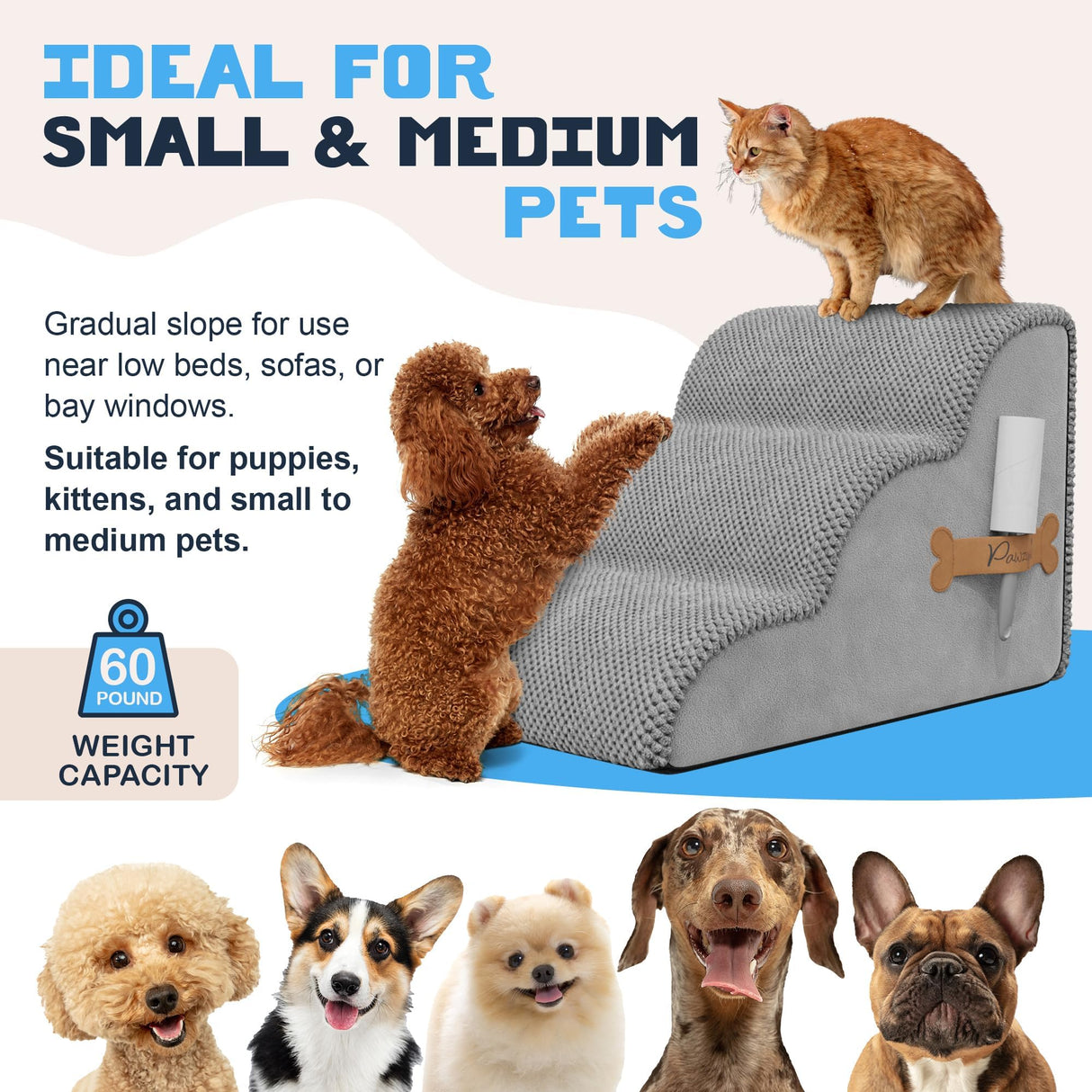 PAWZY Dog Stairs for Medium-Height Beds & Couches, 3-Step Foam Pet Steps 15.5” High for Small Dogs & Cats up to 60 lbs, Wide Non-Slip, Waterproof Washable Zipper Cover, No Assembly, Grey