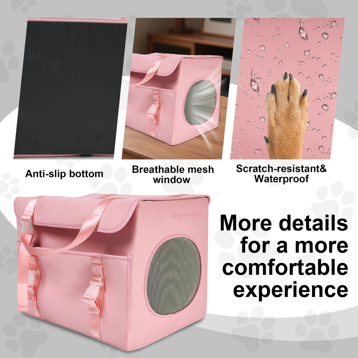 Dog Car Seat for Small Dogs, up to 13lbs, Foldable Dog Car Booster Seat with Non-Slip Bottom, Safety Tether and Storage Pocket, Comfortable Waterproof Fabric, Breathable Mesh Windows, Pink