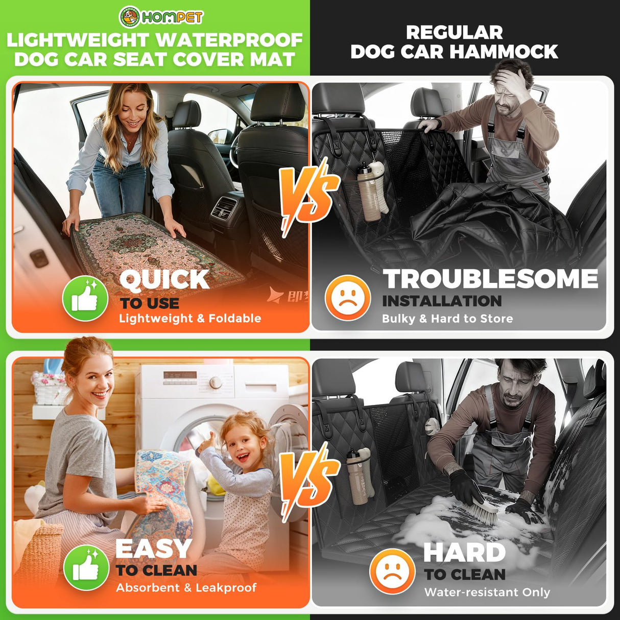 Hompet 2 Pack Waterproof & Absorbent Dog Car Seat Cover Mat, Fits Most Dog Car Hammocks, Washable Reusable Backseat Protector Pad, Quick Dry Leak-Proof Non-Slip Pet Travel Mat for Cars, 18"x54"