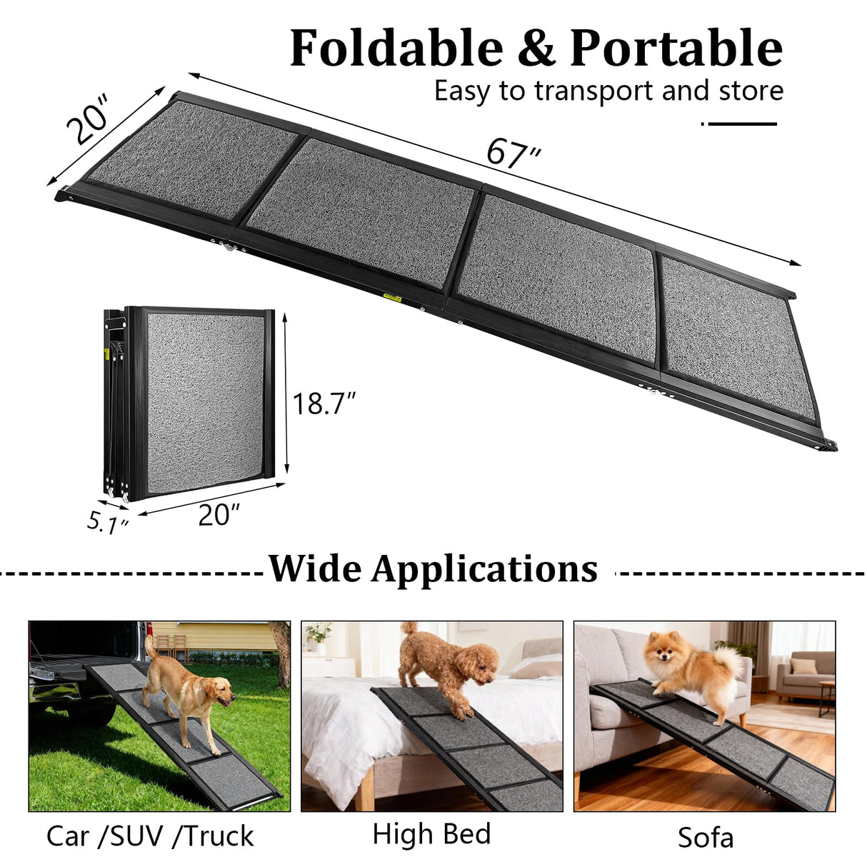 Jwevvie 67" x 20" Dog Ramp for Car, Folding Pet Stair Ramps for Truck, SUV, Portable Pet Steps Load-Bearing 200LBS with Non-Slip Surface