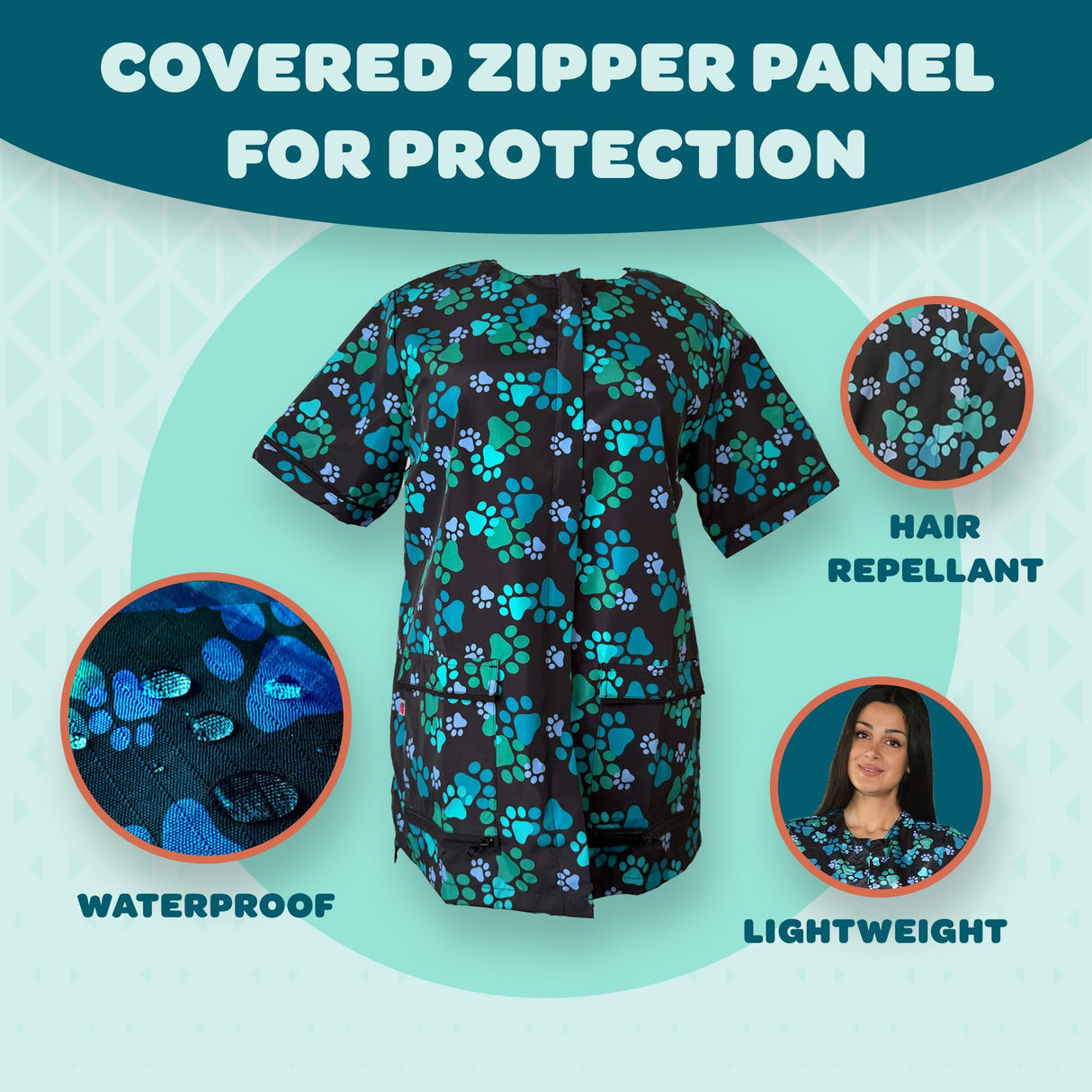 Ladybird Line 701 Blue Paw Print Waterproof Dog Grooming Smock with Pockets, Hair and Bleach Resistant, Covered Zipper Panel, Mesh Back, Adjustable Back Tie Belt, for Pet Grooming and Vet Clinics-4XL
