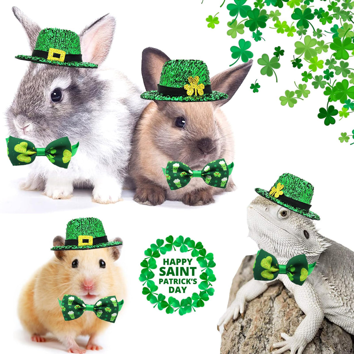 4 Pack St. Patrick’s Day Costume Small Animal Leprechaun Hats Rabbit Shamrock Bow Tie Irish Outfit for Bunny Hamster Guinea Pig Ferret Sugar Glider Lizard (Small)