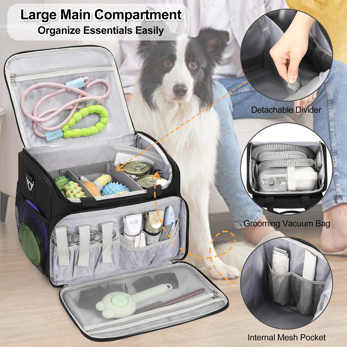 Dog Grooming Vacuum Bag, Pet Grooming Bag Extra Large Dog Grooming Storage Bag with Compartments Professional Travel Animal Groomer's Tool kit Bags for Supplies - for Dogs, Cat & Pet Groomers( Black)