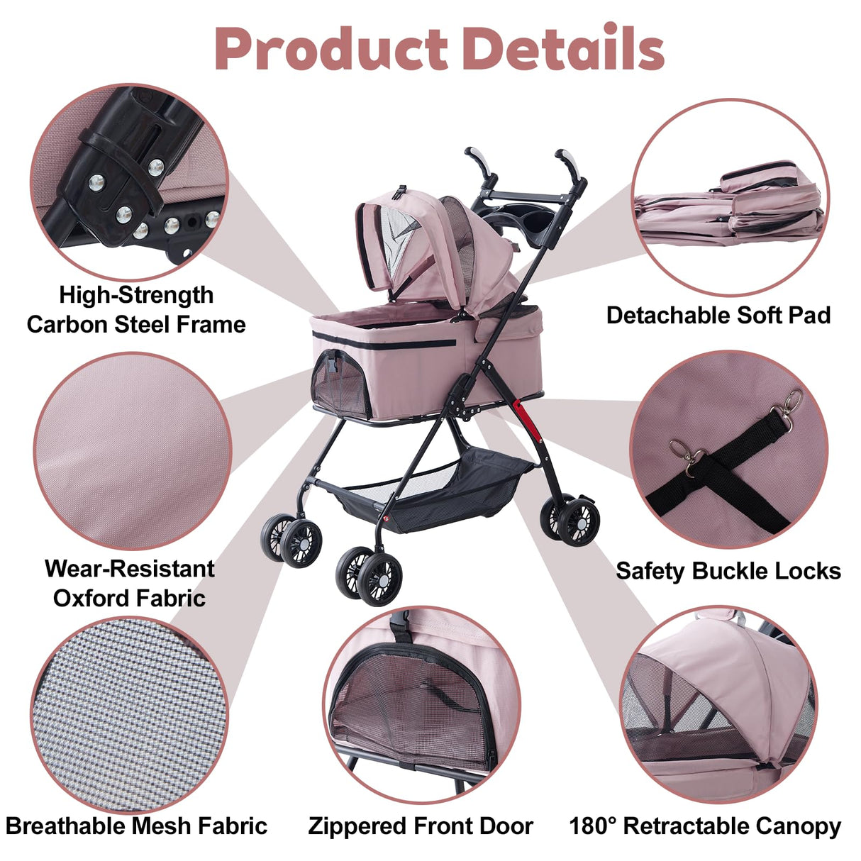 4 Wheels Pink Foldable Pet Stroller with Storage Basket, Cup Holder & Breathable Mesh for Small/Medium Dogs and Cats