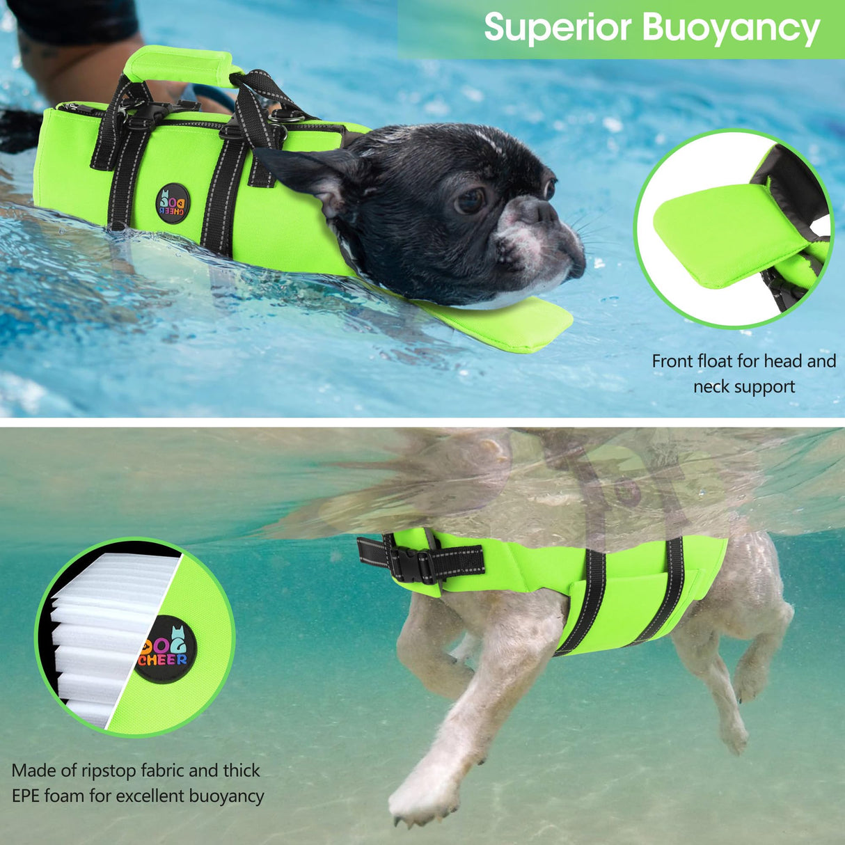 Dogcheer Dog Life Jacket with Back Zipper, High Buoyancy Puppy Swimming Vest, Dog Life Vest for Boating, Reflective Pet Floating Swim Vest PFD for Small Medium Large Dogs-Green,XL