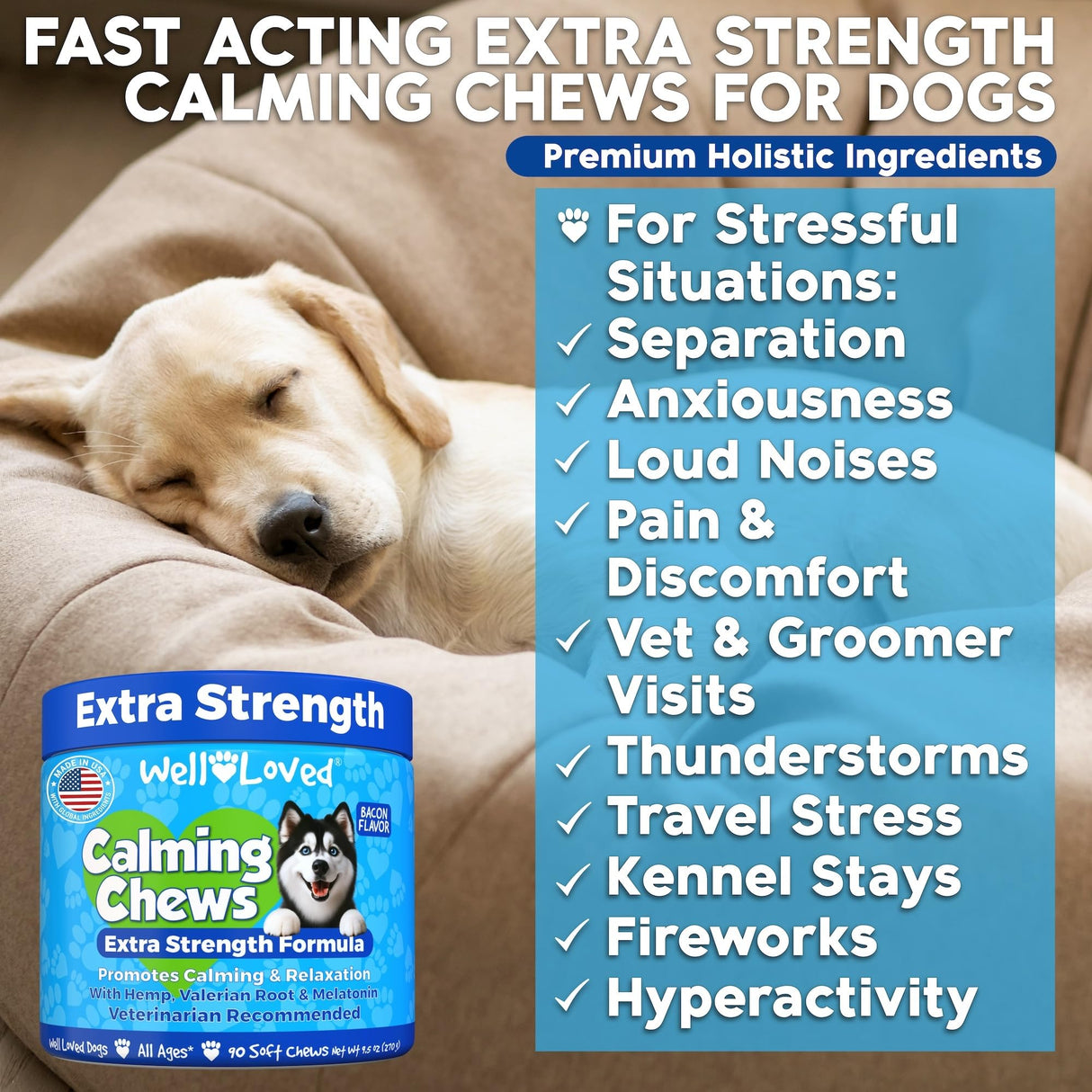 Well Loved Calming Chews for Dogs - Dog Calm Treats, Made in USA, Vet Recommended, Behavior Support with Melatonin & Hemp, Stress, Separation, Fireworks, Travel, Extra Strength