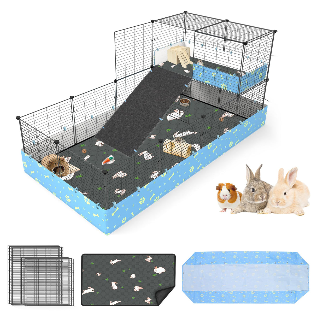 MODESLAB Guinea Pig Cages with Tarp and Bedding Pee Pad Liner, 2-Story Large Guinea Pig Playpen C&C Loft Cage for 2 Rabbit Bunny Chinchilla Small Animal Habitat for Indoor