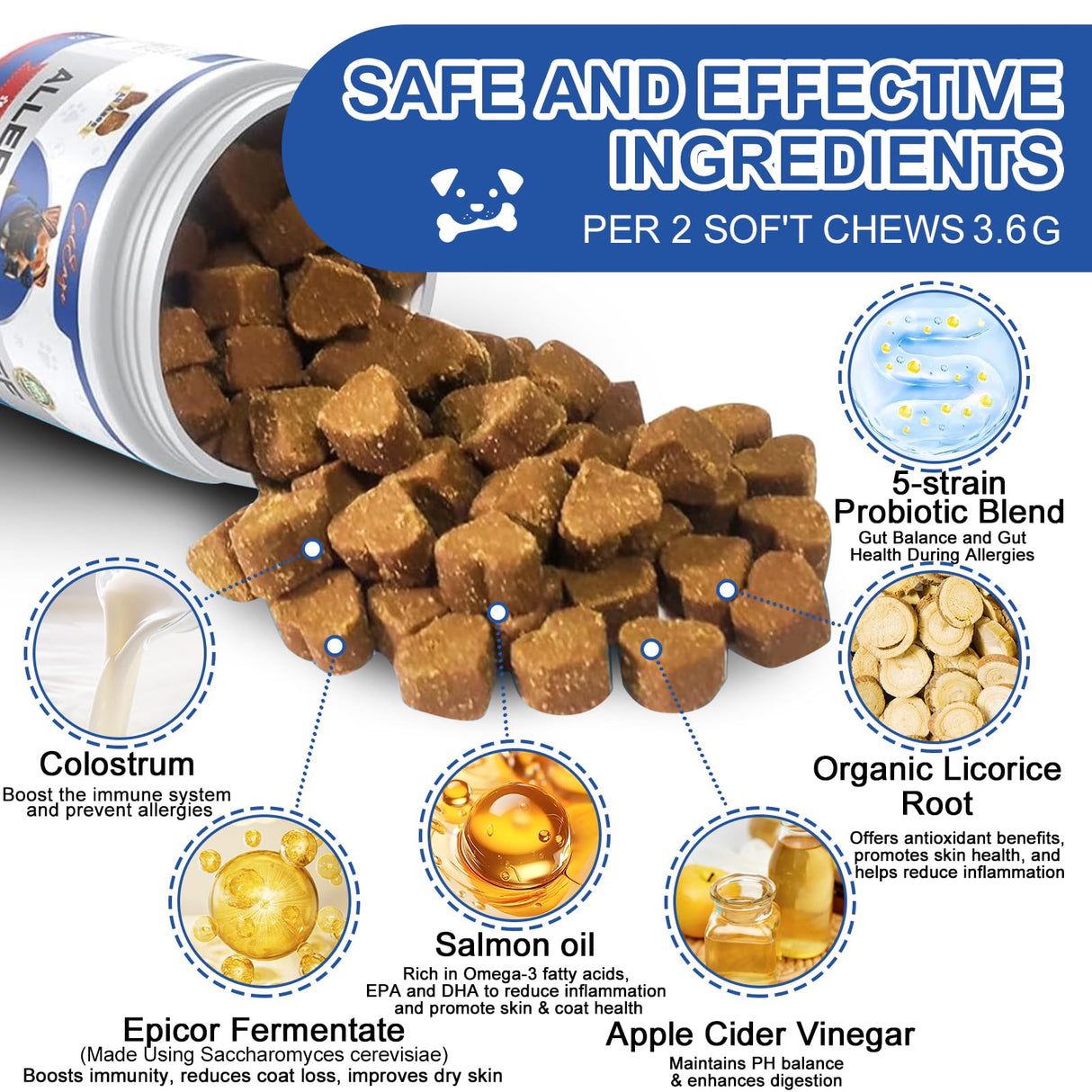 Dog Allergy Chews 180PCS Omega 3 Fish Oil Anti-Itch Treats Skin & Coat Supplement with Colostrum Probiotics Dog Itching Skin Relief Dry Skin Itchy Licking Seasonal Allergies Immune Support