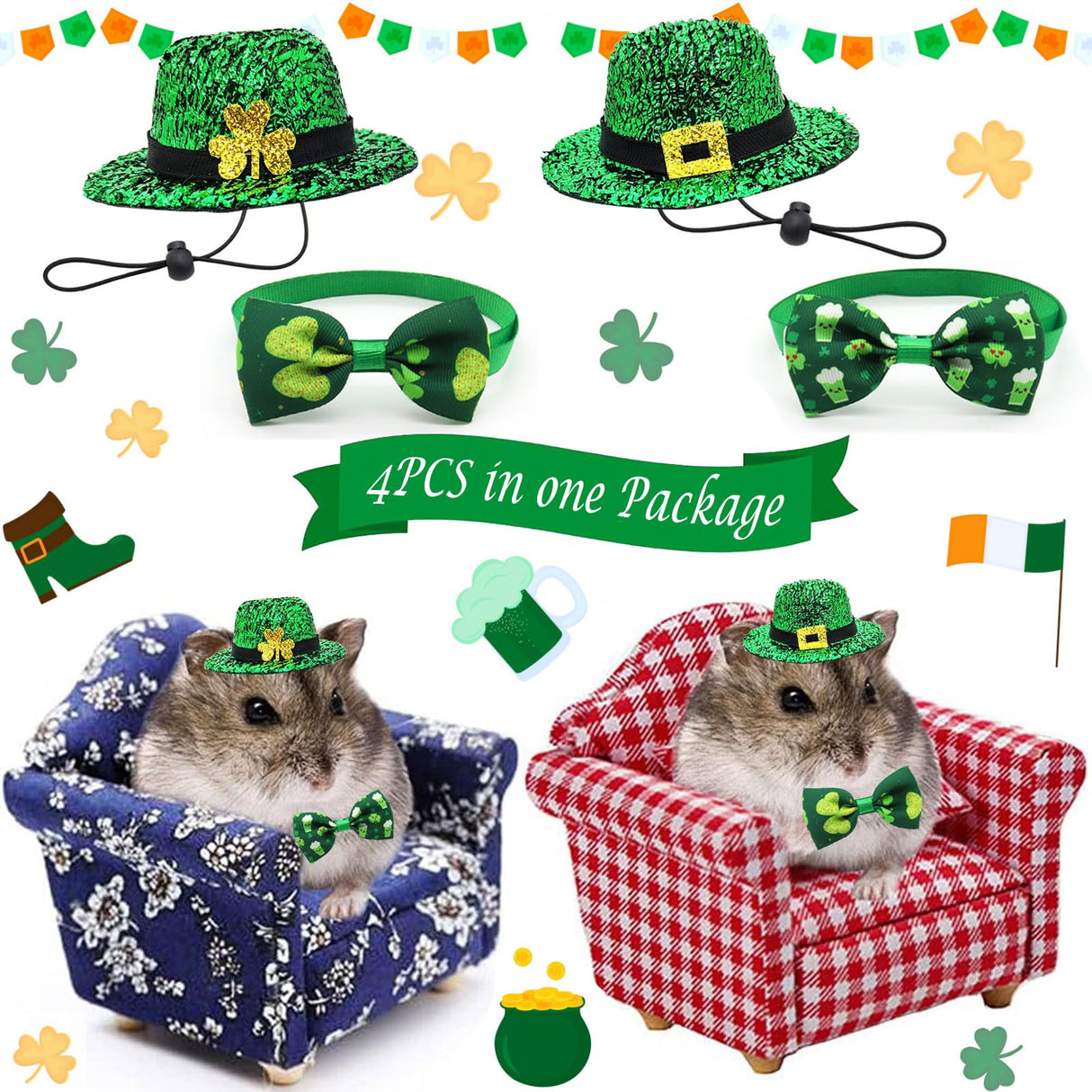 4 Pack St. Patrick’s Day Costume Small Animal Leprechaun Hats Rabbit Shamrock Bow Tie Irish Outfit for Bunny Hamster Guinea Pig Ferret Sugar Glider Lizard (Small)