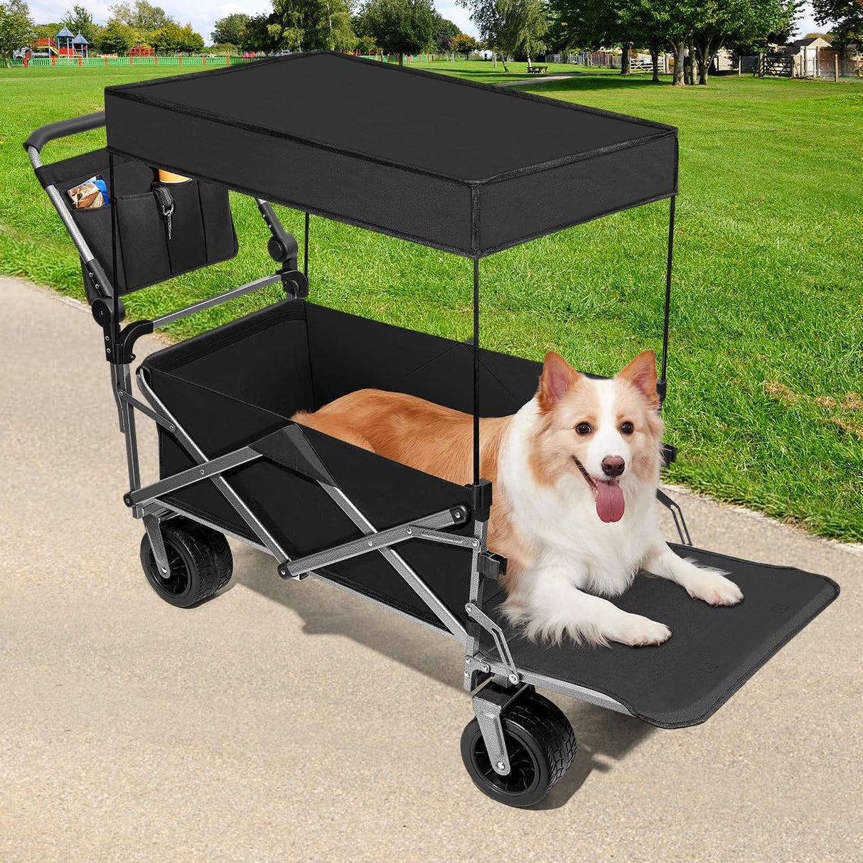 MAXFUT Large Dog Stroller for Large Medium Dogs,Older Dog Wagon Cart with Tailgate,Foldable Pet Strollers with Removable Canopy(Black with Sunshade)