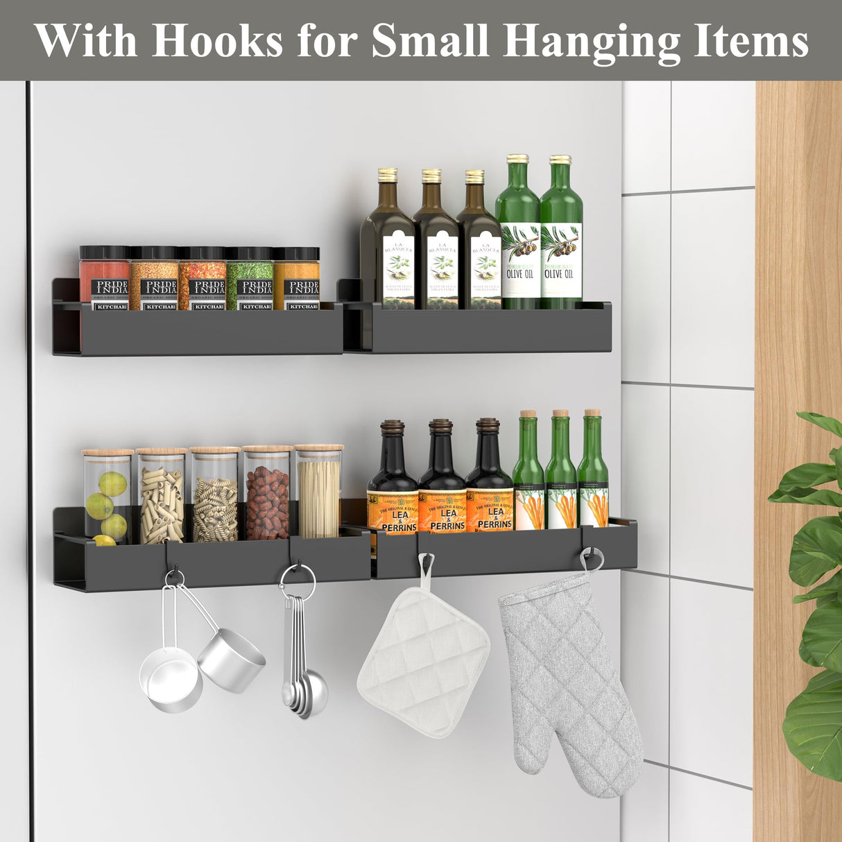 4 Pack Magnetic Spice Rack Organizer for Refrigerator and Oven, Black Fridge Organizers and Storage for Kitchen