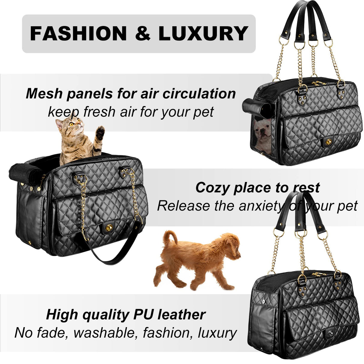 NewEle Fashion Dog Purse Carrier for Small Dogs with Large Pockets, Holds Up to 8lbs Quality PU Leather Pet Carrier, Cat Carrier, Airline Approved Puppy Purse Carrier for Travel (Black, Small Size)