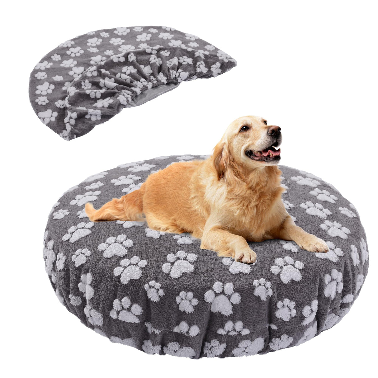 BALAPET Washable Dog Bed Covers Replacement Round Waterproof Bed Cover for Dog Soft Pet Bed Cover with Lovely Dog Paw Print and Double-Sided Usable Design,Cover Only(Dark Gray,45 * 45 * 11in)