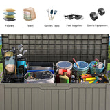 YITAHOME Outdoor Storage Box, 120 Gallon Waterproof Deck Box for Garden Tools, Patio Cushions, and Pool Accessories, Lockable, Easy Assembly, Versatile Bench or Table (Light Brown)