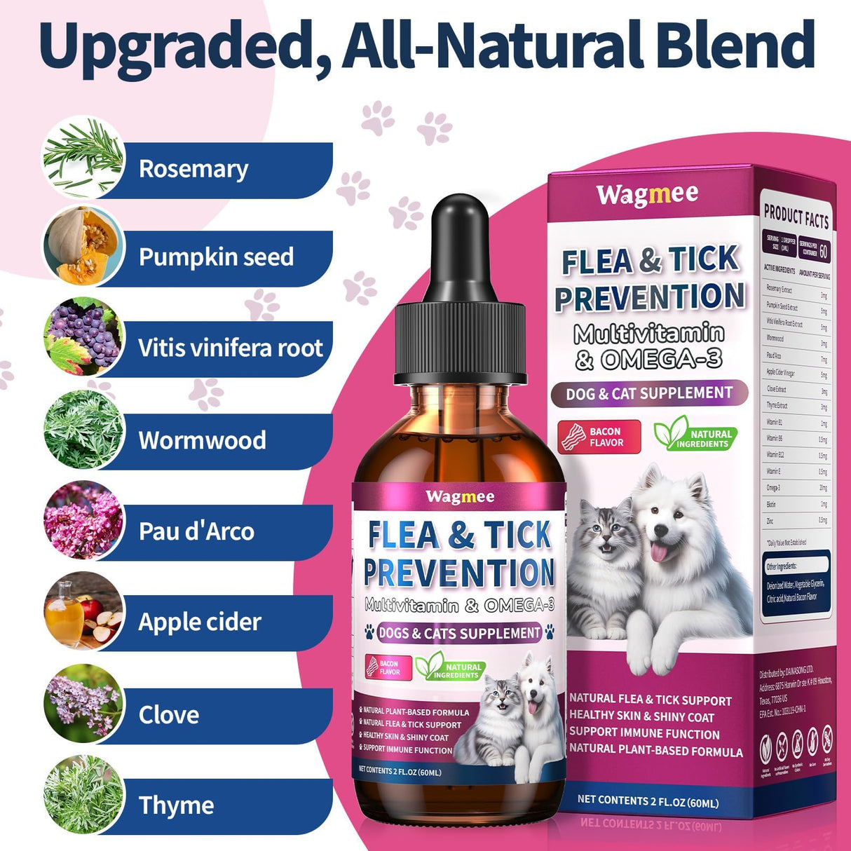 Flea & Tick Prevention for Dog and Cat, Natural Oral Flea & Tick Support Drops with Multivitamin Omega-3 for Pets - Supports Healthy Skin & Coat - Flea Herbal Drops All Breeds and Sizes - Bacon
