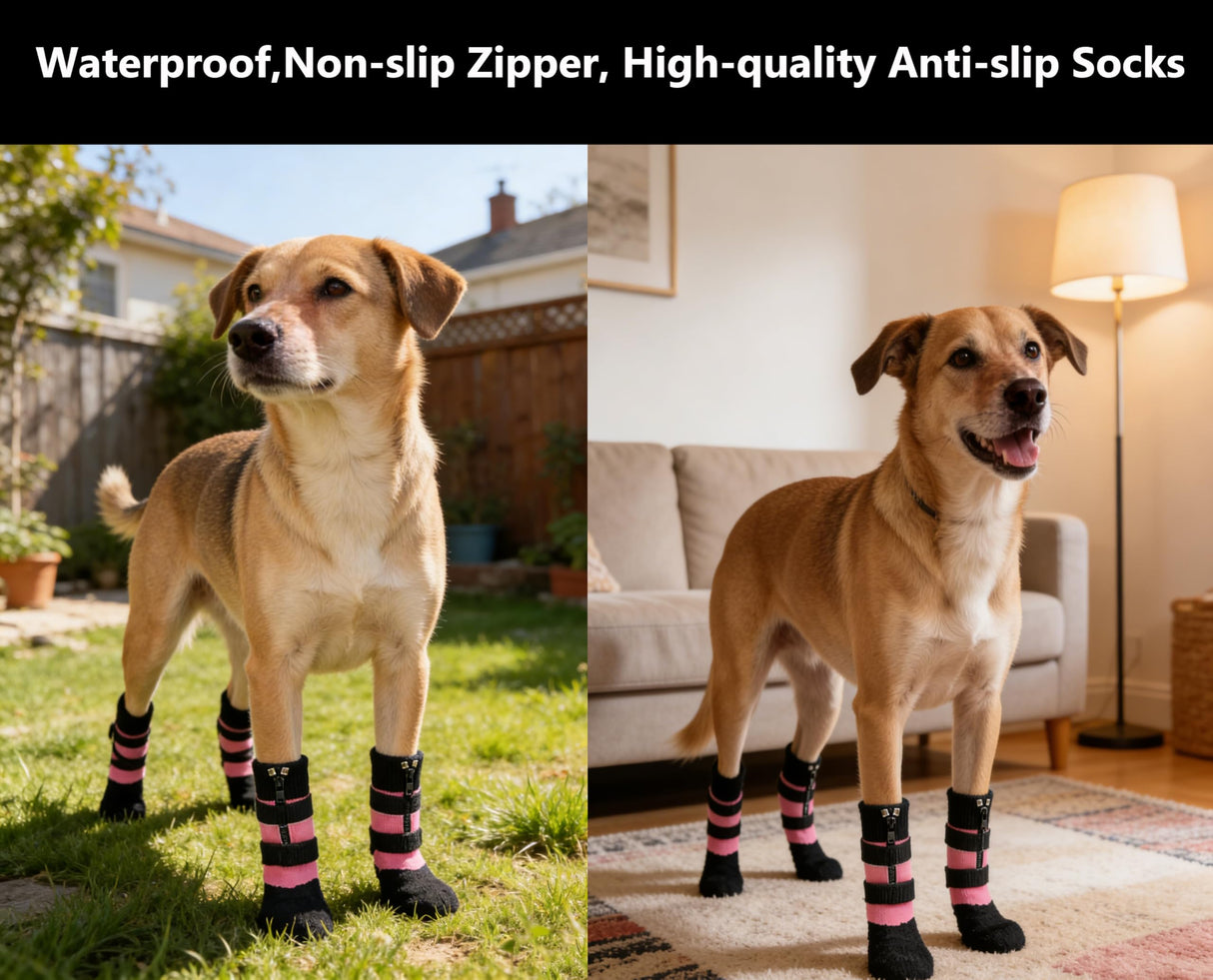 Phaechild Anti Slip Dog Socks Boots with Zipper,Waterproof Dog Shoes to Prevent Licking Paws,Winter Snow Rain Days/Hot Pavement Protection for Small Medium Large Senior Dogs Pink M