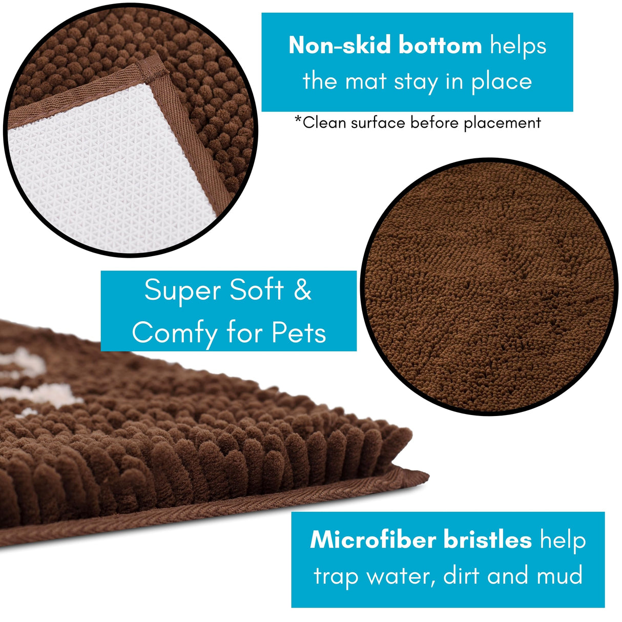 BIRDROCK HOME Chenille Dog Doormat - Absorbent Surface to Keep Floors Clean, Non-Skid Bottom for Safety, Ultra-Soft & Durable, Ideal for Pets, Protects Floors from Dirt - 60 x 30, Brown