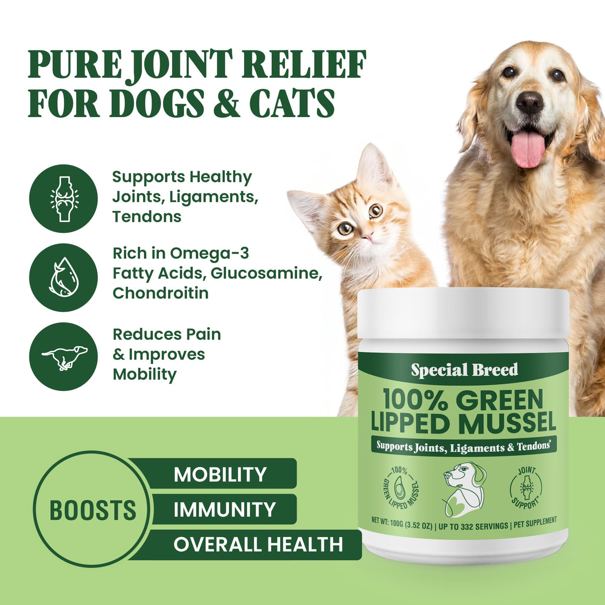 Special Breed Green Lipped Mussel Powder for Dogs & Cats - 100% New Zealand - Natural Hip & Joint Supplement for Joints, Tendons, Ligaments, Muscles - 100 Grams - Up to 332 Servings