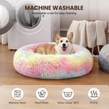 Warmrest Donut Dog Bed Medium Size Dog, Round Cat Beds for Small Medium Dogs and Cats with Washable Fluffy Faux Fur, Cute Comfort Pet Bed with Anti-Slip Bottom, Rainbow, 30"