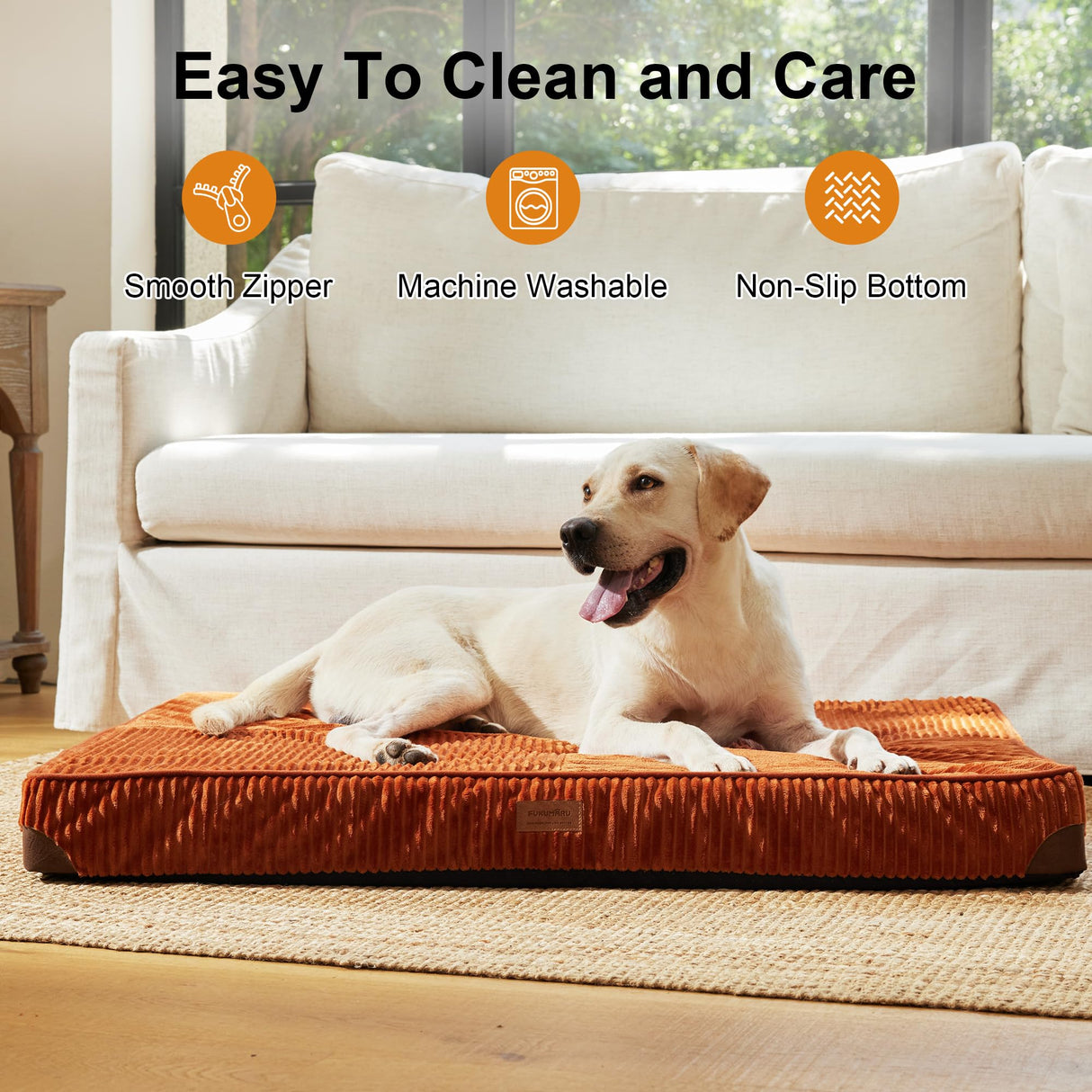 FUKUMARU Dog Bed, Thickened Corduroy Orthopedic Dog Beds with Washable Cover, Large Waterproof Dogs Bed for Crate, 28D Egg Crate Foam Support Pet Mat, Cozy Pet Bed Pad with Anti-Slip Bottom, Orange