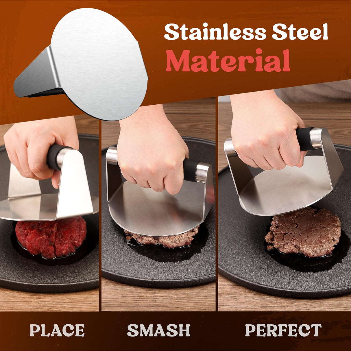Smash Burger Press, Hamburger Smasher Tool for Griddle, Stainless Steel Ham Patty Press with Anti-Scald Handle, 5.5" Non Stick Grill Press for Smashburger, Bacon, Ground Beef, Meat, Sausage