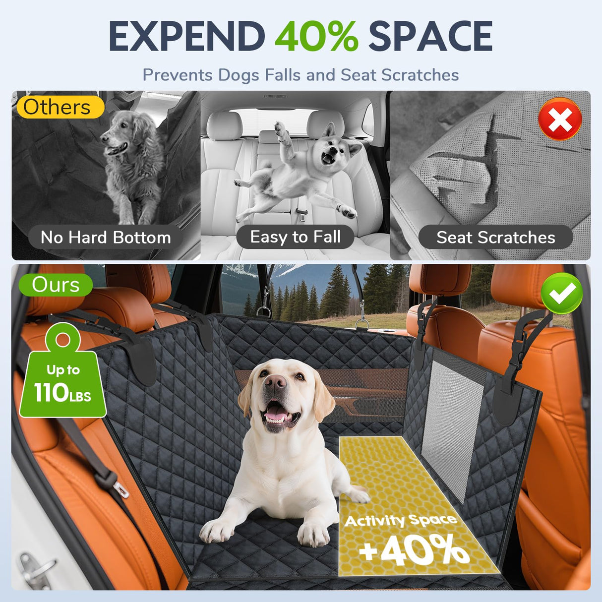 dessports Large PU Dog Car Seat - Waterproof Dog Back Seat Cover with 3 Mesh Windows - Hard Bottom Extender, Safety Belt, Non-Slip Hammock for SUV, Truck, Car