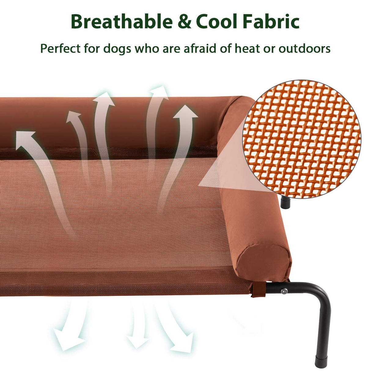 Cooling Elevated Dog Bed for Large Dogs – Waterproof Raised Dog Cot with Slope Headrest, Breathable Teslin Mesh, Durable & Portable Pet Bed for Indoor and Outdoor Use, Caramel