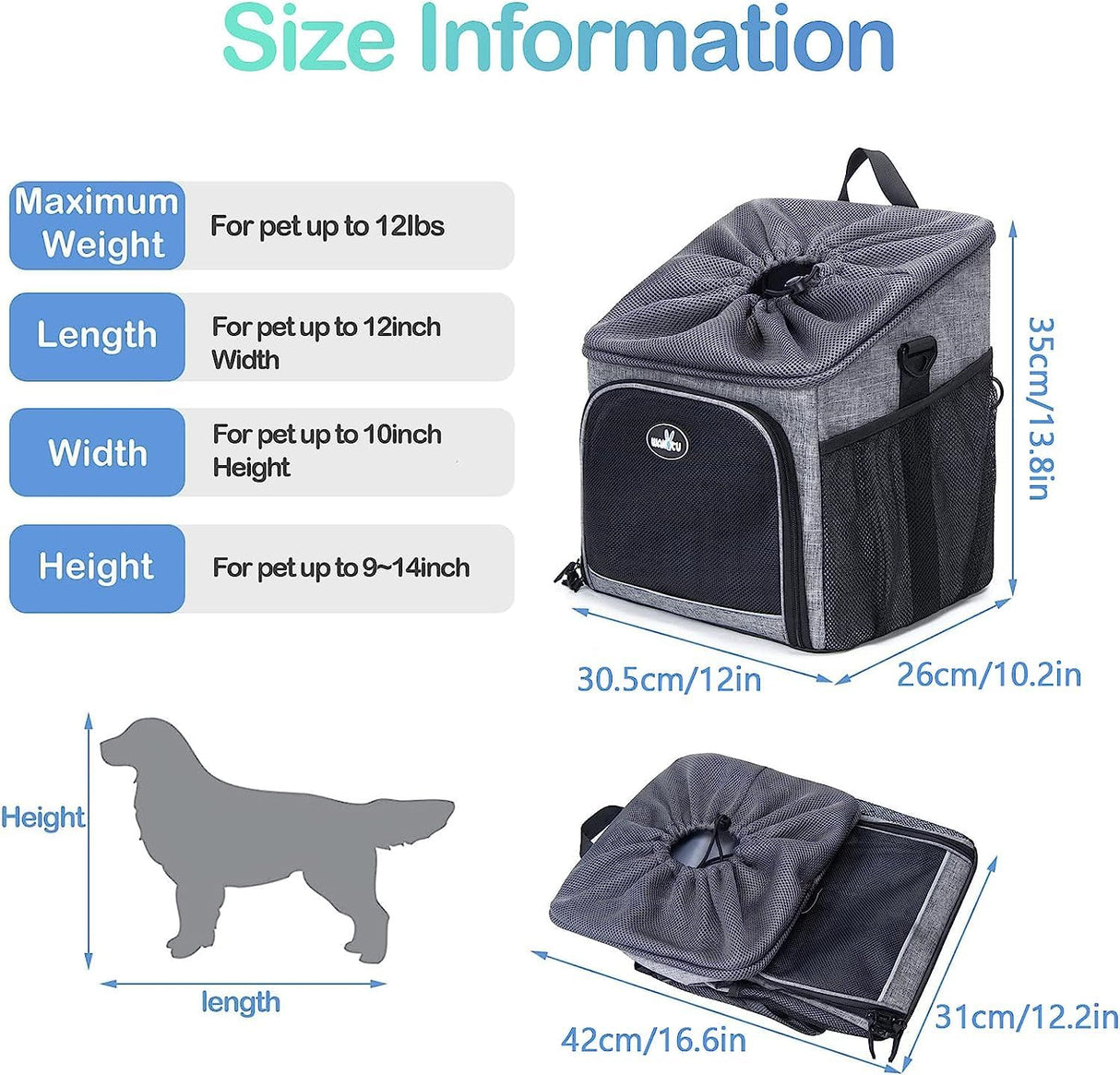 Wakytu Dog Bike Basket Carrier, Pet Bicycle Front Carrier Backpack for Bike Riding Foldable Removable, Reflective Strips, 2 Side Storage Pockets, Pet Travel Bag for Cats Small Dogs
