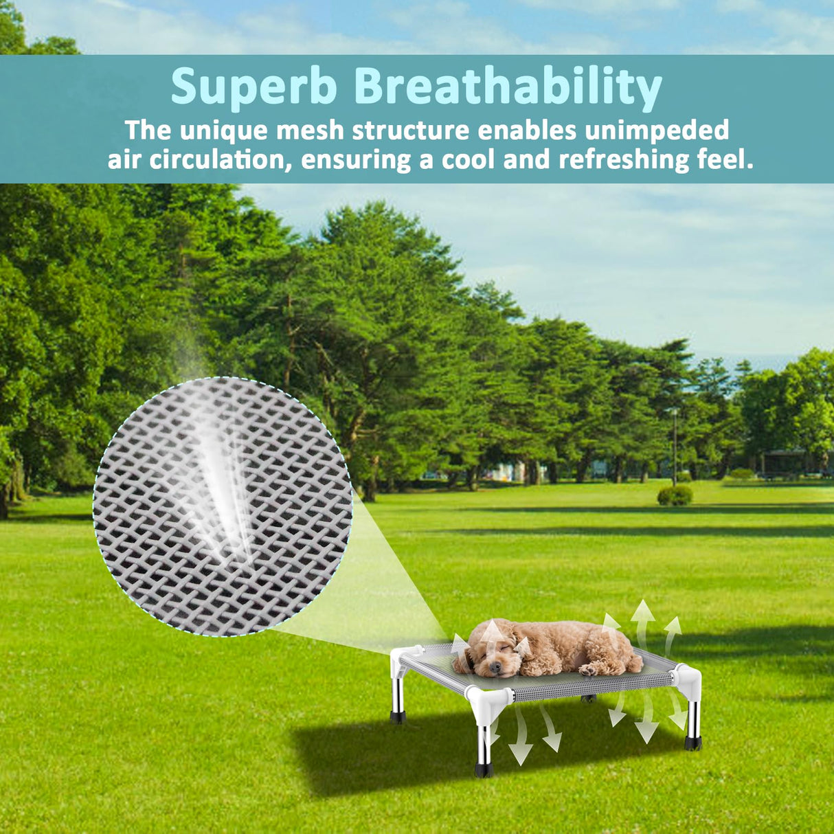 Elevated Dog Bed with Teslin Cooling Fabric - Lightweight Dog Cot for Small Dogs, Waterproof & Washable Breathable Mesh, Raised Pet Bed for Indoor Outdoor Use, Anti-Slip, Easy Clean