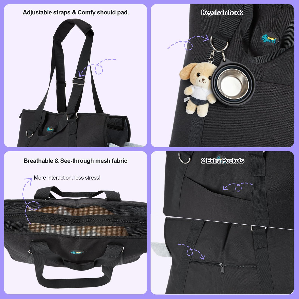 Ownpets Dog Purse Carrier, Carrier with Pockets for Medium Puppies for Travel Vet Shopping, Fits 18-20 lbs, Cat and Dog Tote Bag, Women's Hands-Free Pet Carrier Bag, (Black)