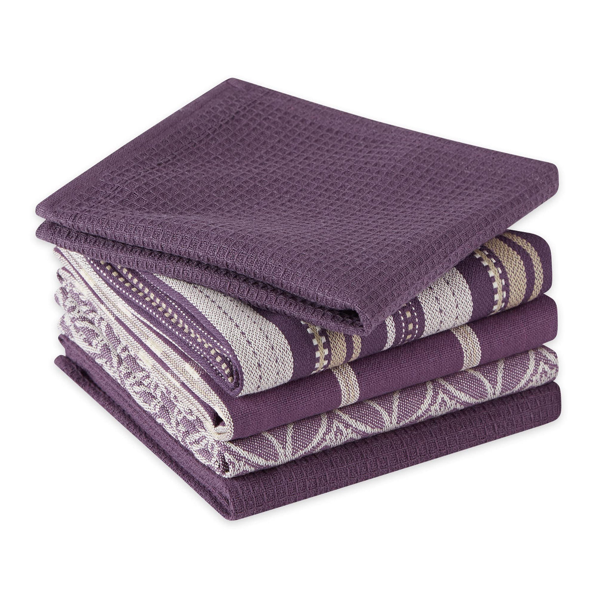 Assorted Woven Kitchen Set, Dishtowel, 18x28, Dishcloth, 13x13, Eggplant, 5 Piece