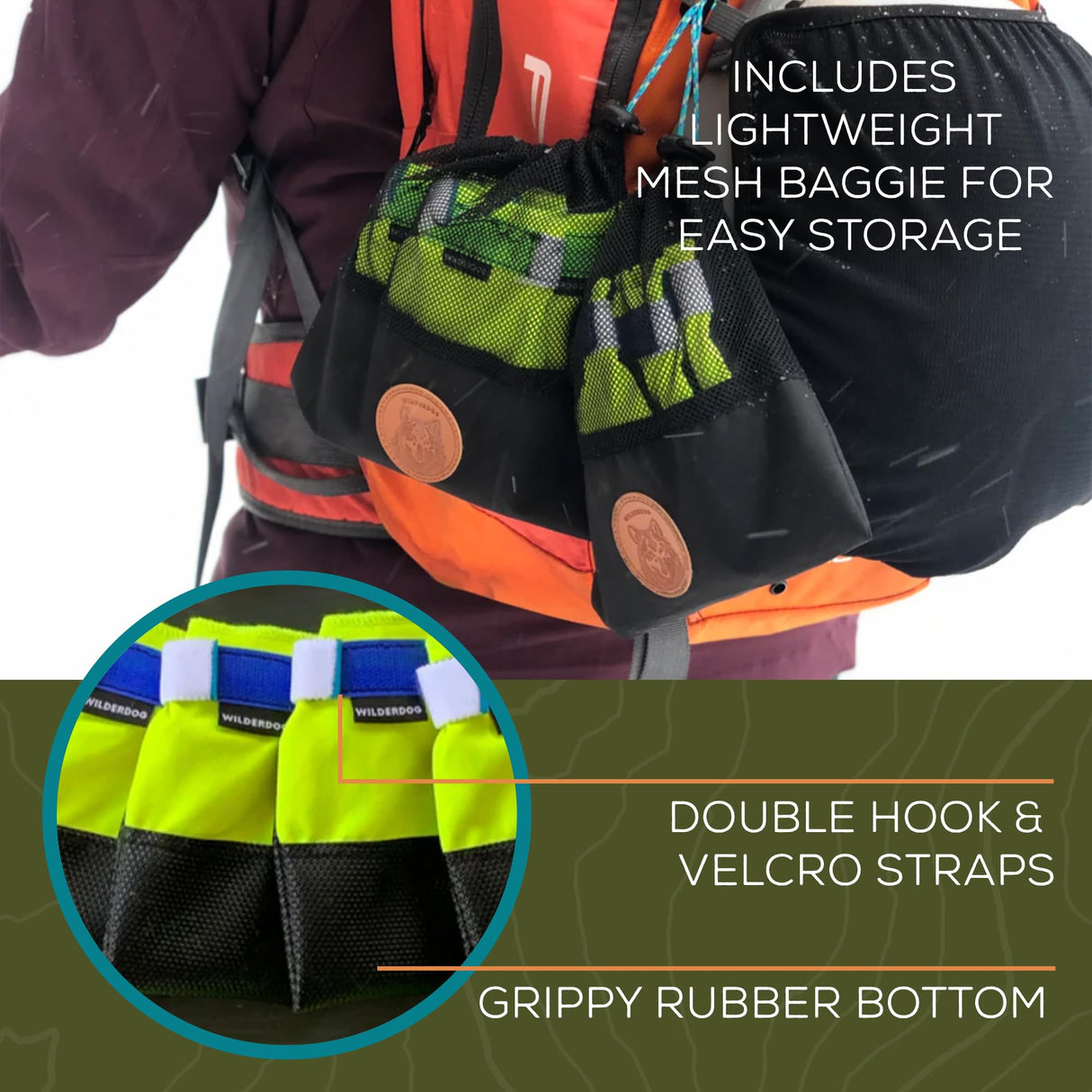 Wilderdog Dog Booties, Lightweight, Grippy Rubber Bottom, Double Hook & Loop Closure Set of 4 - Large