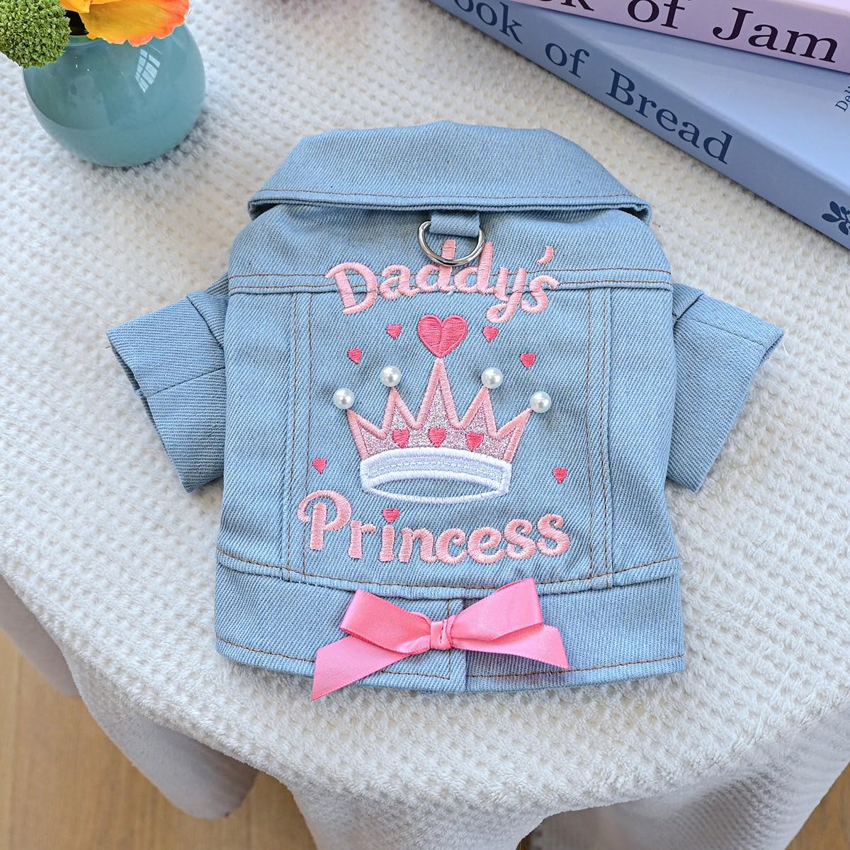 Dog Jean Jacket Girl Puppy Clothes Funny Apparel Outfits with Letter，Pearl ，Crown，Bow Decor Small Dog Clothes Cat Shirts Pink Bow L