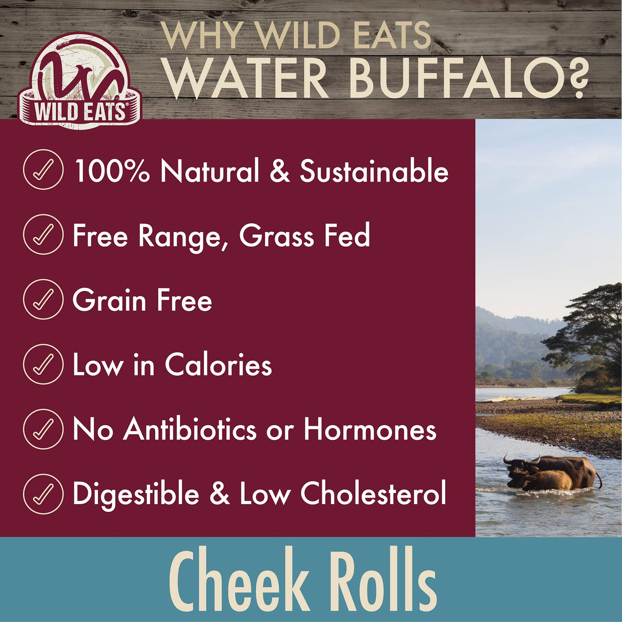 Wild Eats Water Buffalo Retriever Style Cheek Roll Dog Chews-5 Pack (Long Lasting Chews, Treats, Bones for Aggressive Chewers & Large Dogs) Great Substitute Pig Ears Dogs