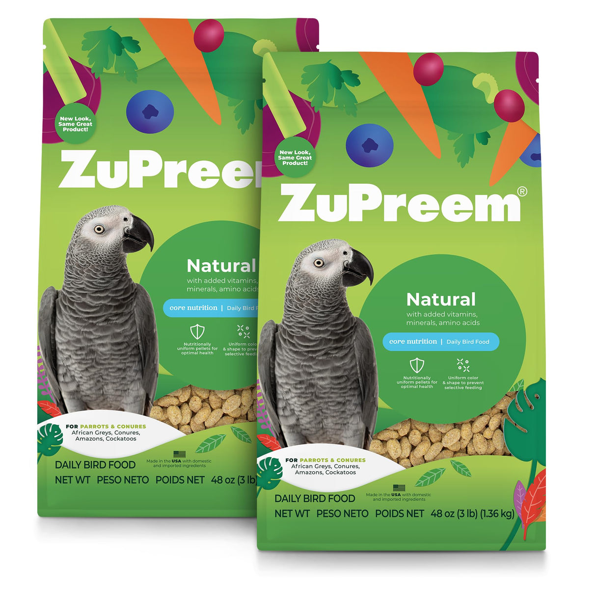 ZuPreem Natural Bird Food Pellets for Parrots & Conures, 3 lb (Pack of 2) - Daily Nutrition, Made in USA for Caiques, African Greys, Senegals, Amazons, Eclectus