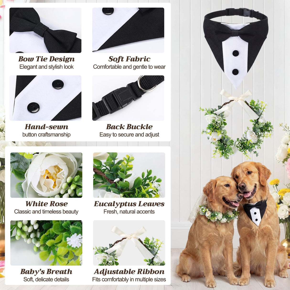 Huhumy 2 Pcs Dog Wedding Suits, Tuxedo and Flower Collar, Bow Tie Adjustable Formal Suit Costume Elegant Dog Flower Headband for Small to Medium Dogs Wedding Engagement Birthday Outfit Pet Photo Prop