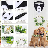 Huhumy 2 Pcs Dog Wedding Suits, Tuxedo and Flower Collar, Bow Tie Adjustable Formal Suit Costume Elegant Dog Flower Headband for Small to Medium Dogs Wedding Engagement Birthday Outfit Pet Photo Prop