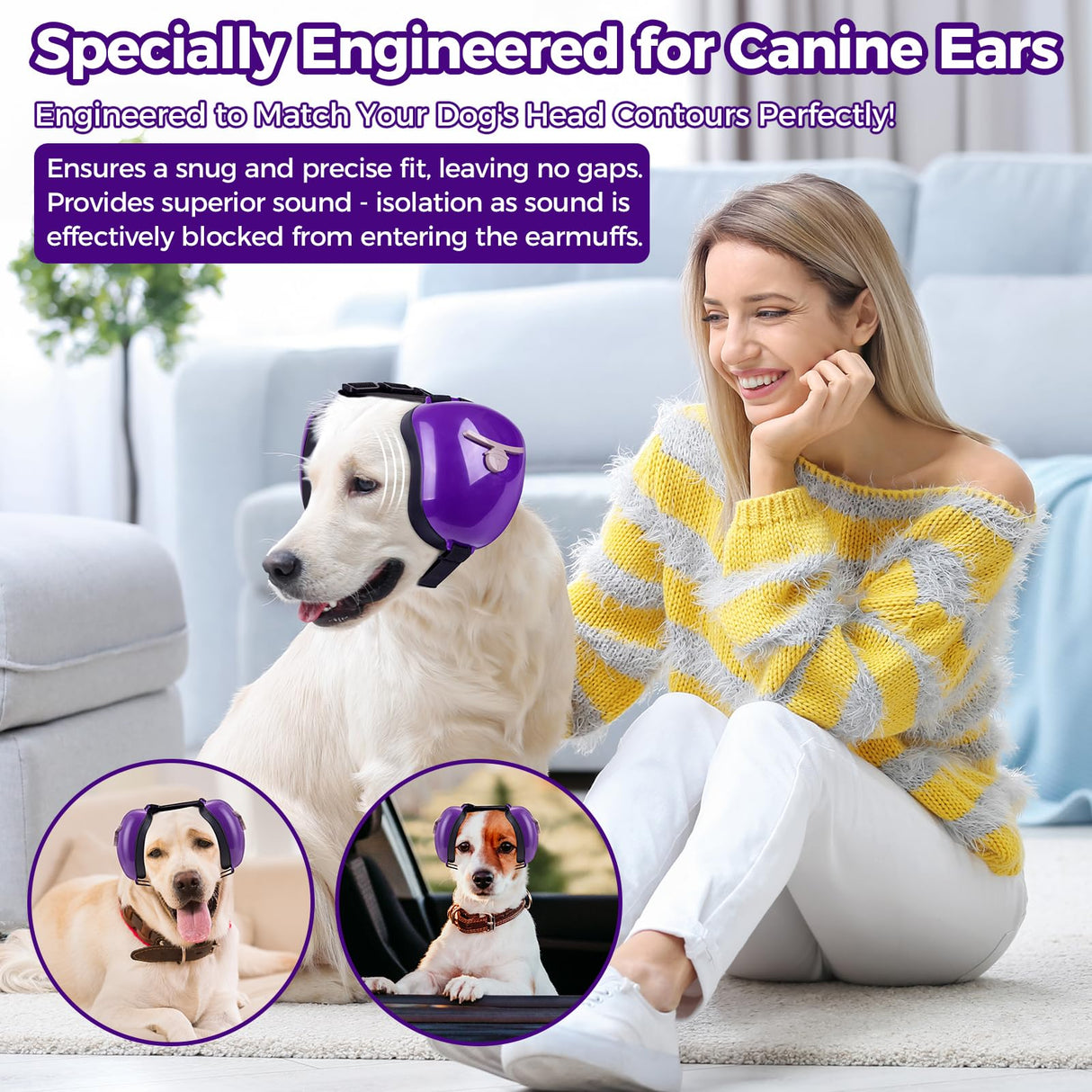 Famikako New Dog Ear Muffs for Noise Protection - 30dB NRR Dog Headphones, Noise Cancelling Hearing Protection Upgraded Design with Bell Accent (Purple, Large)