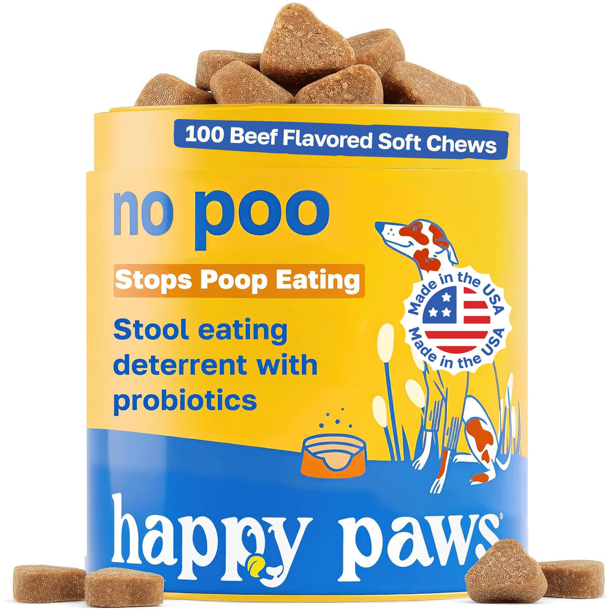 Happy Paws No Poo Chews for Dogs, Poop Eating Coprophagia Deterrent, Soft Chews for Dogs with Pumpkin, Probiotics & Enzyme Blend for Digestive Health, Organic, Vegan, Non GMO, Beef Flavor, 100 Count