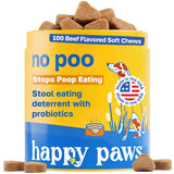 Happy Paws No Poo Chews for Dogs, Poop Eating Coprophagia Deterrent, Soft Chews for Dogs with Pumpkin, Probiotics & Enzyme Blend for Digestive Health, Organic, Vegan, Non GMO, Beef Flavor, 100 Count