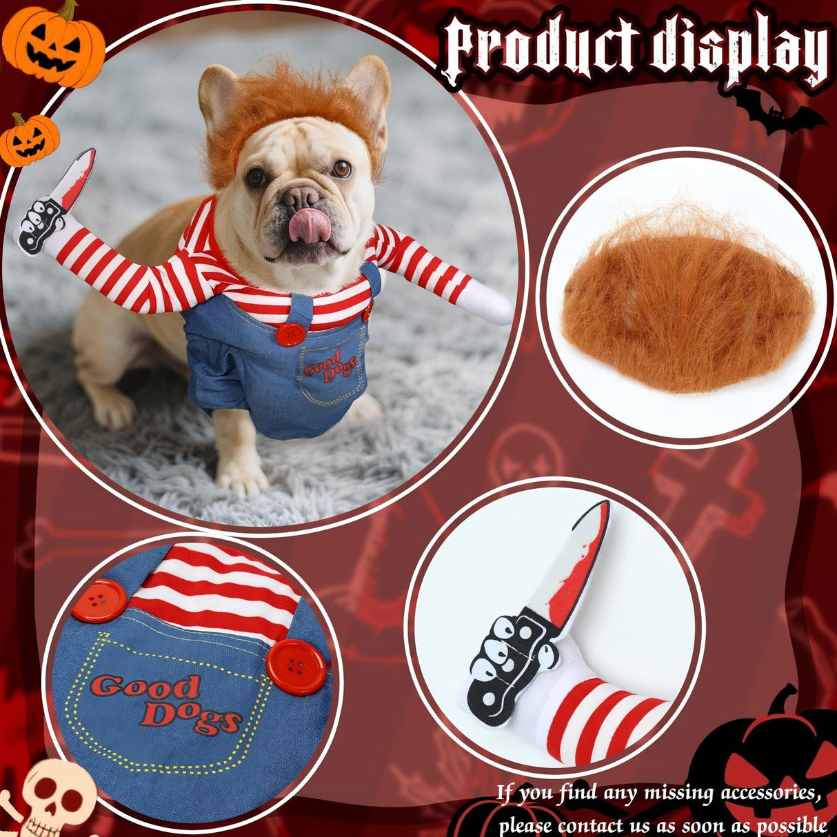 T2Y Dog Halloween Costume Pet Deadly Doll Chucky Dogs Costume with Knife & Wig, Dog Costumes for Medium Dogs Funny Party Cosplay Halloween for Corgi, Pug, Frenchie, Dachshund【XL】