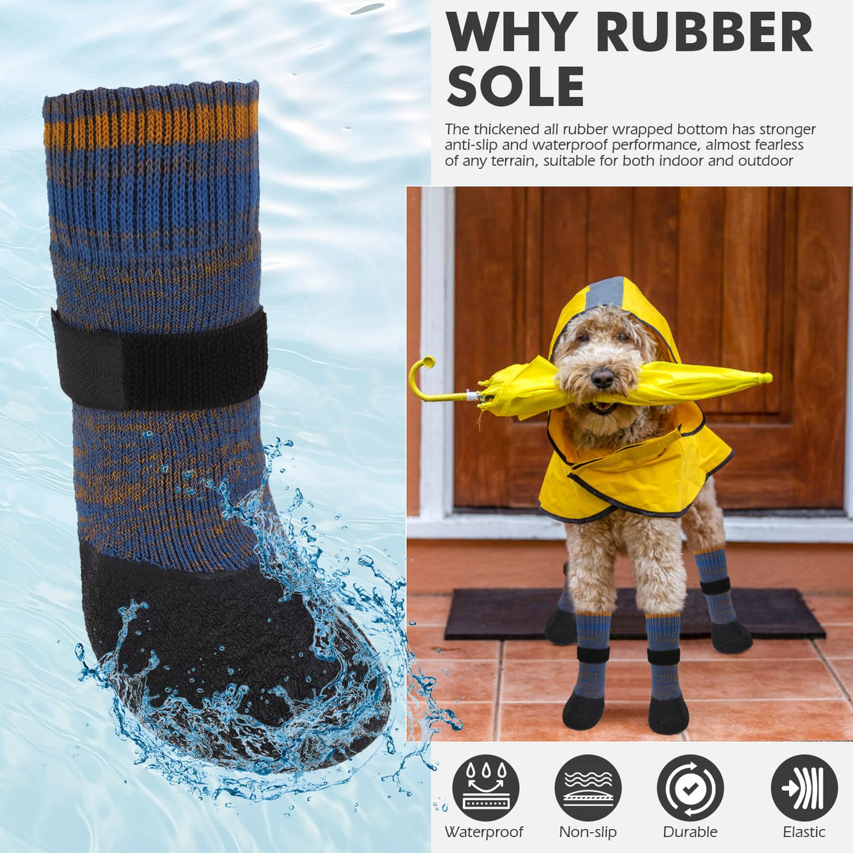 Mihachi Anti Slip Dog Socks, Dog Boots for Hardwood Floors Prevent Licking, Traction Control Waterproof Rubber Sole Paw Protectors for Small Medium Large Dogs, Blue Medium
