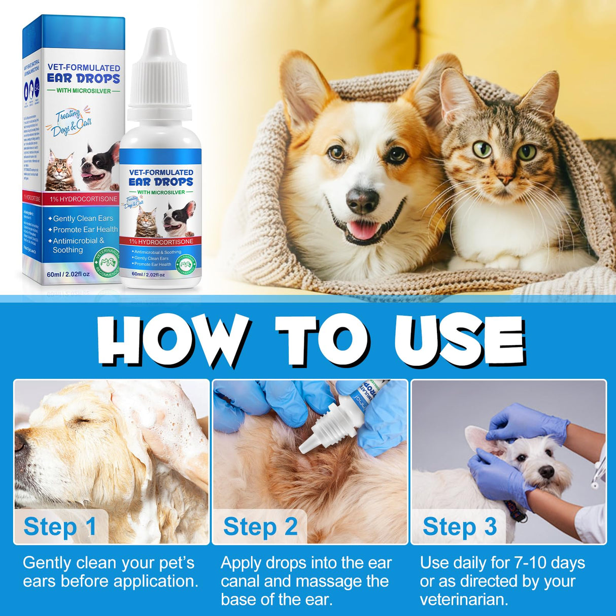 Dog & Cat Ear Infection Treatment Drop with 1% Hydrocortisone for Dog Yeast Ear Infections, Soothes Itchy Ears, Prevents Infections, Safe for Puppies, Adult, Ear Drops for Dogs & Cats 2 fl oz.
