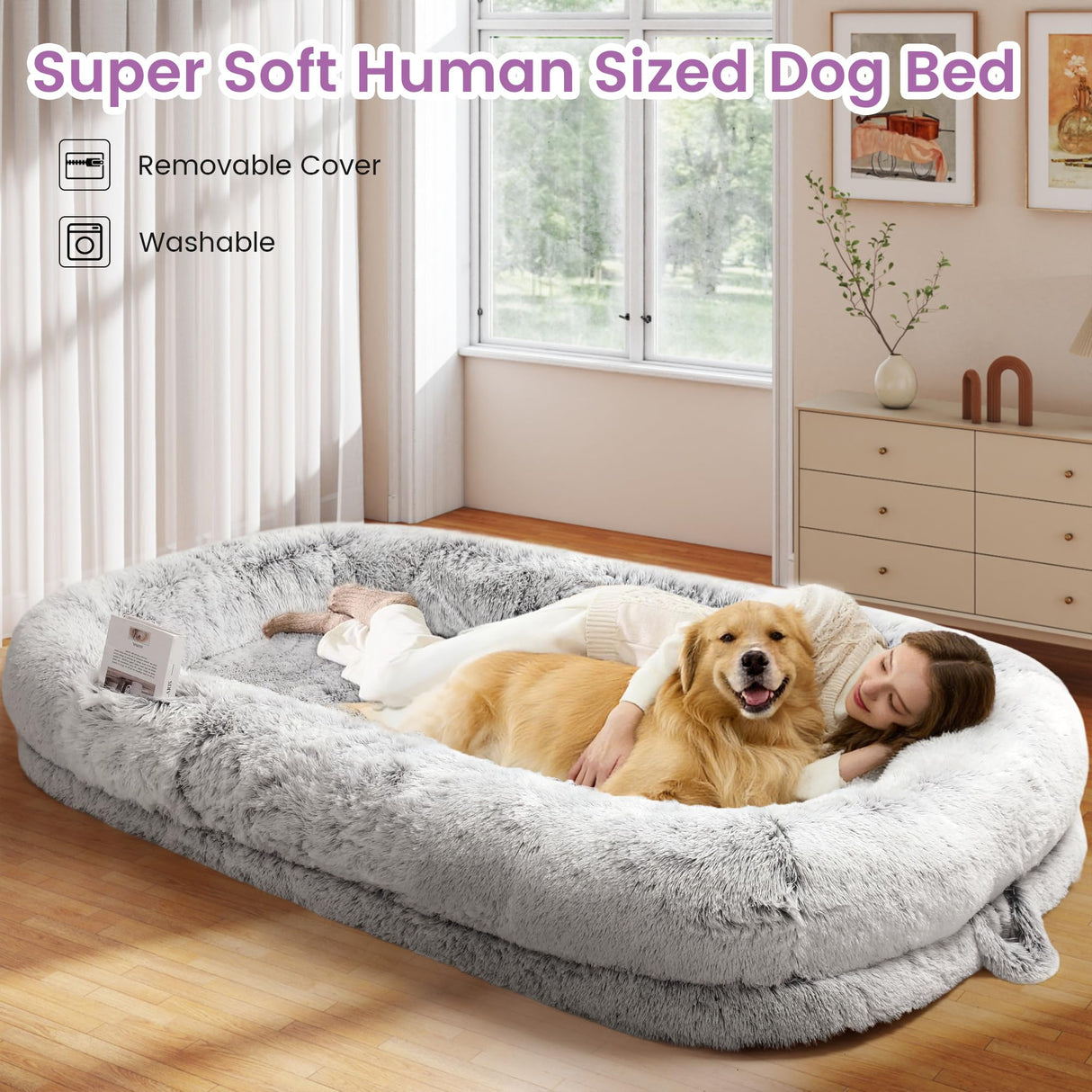 Murago Human Dog Bed for Adults, 75"x43"x10" Human Size Dog Bed, Orthopedic, Waterproof Removable Washable Cover, Soft Calming Lounger for People & Pets, Light Grey