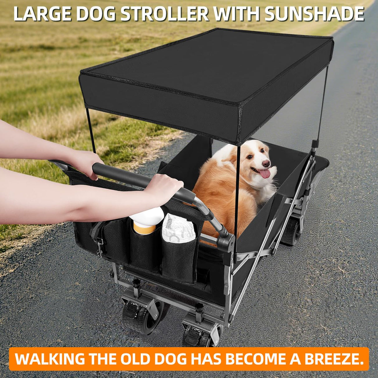MAXFUT Large Dog Stroller for Large Medium Dogs,Older Dog Wagon Cart with Tailgate,Foldable Pet Strollers with Removable Canopy(Black with Sunshade)