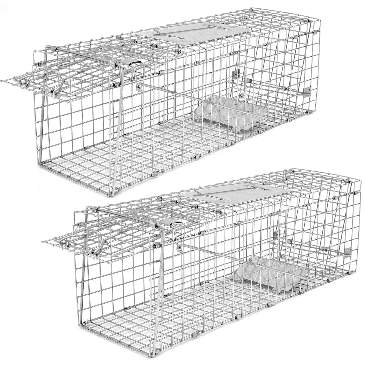 Qualirey 2 Pack 24'' Live Animal Trap Cage Cat Trap Cage Foldable Steel Humane Catch and Release Animal Trap for Groundhog Squirrel Raccoon Mole Gopher(Silver, 24.41 x 7.09 x 8.27 Inch)