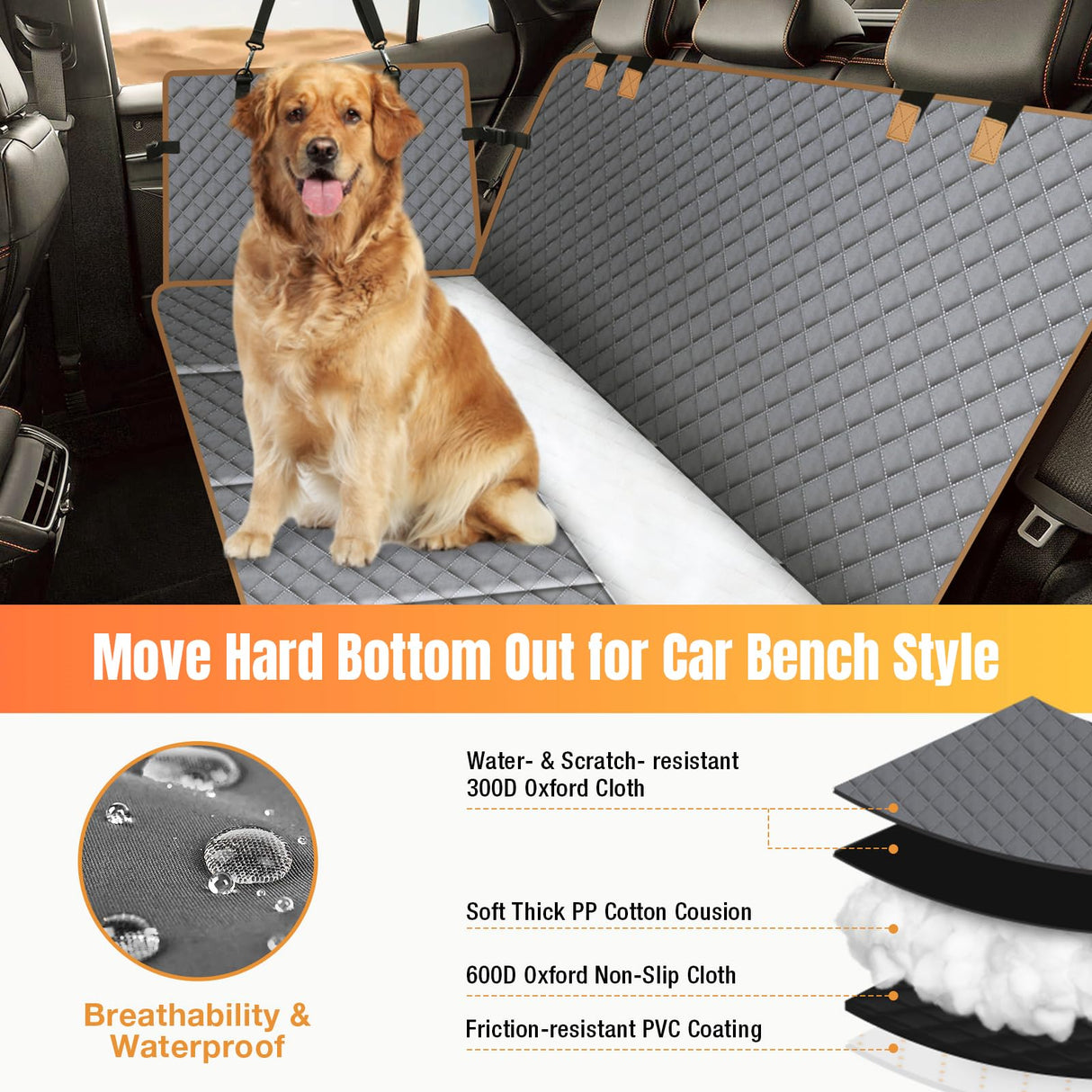 Lekespring Dog Car Seat Cover for Back Seat, Hard Bottom Holds 420lbs Dog Hammock for Cars SUVs Trucks, Easy to Clean, Waterproof Scratch-Proof Nonslip Backseat Extender for Dogs 4 Panels