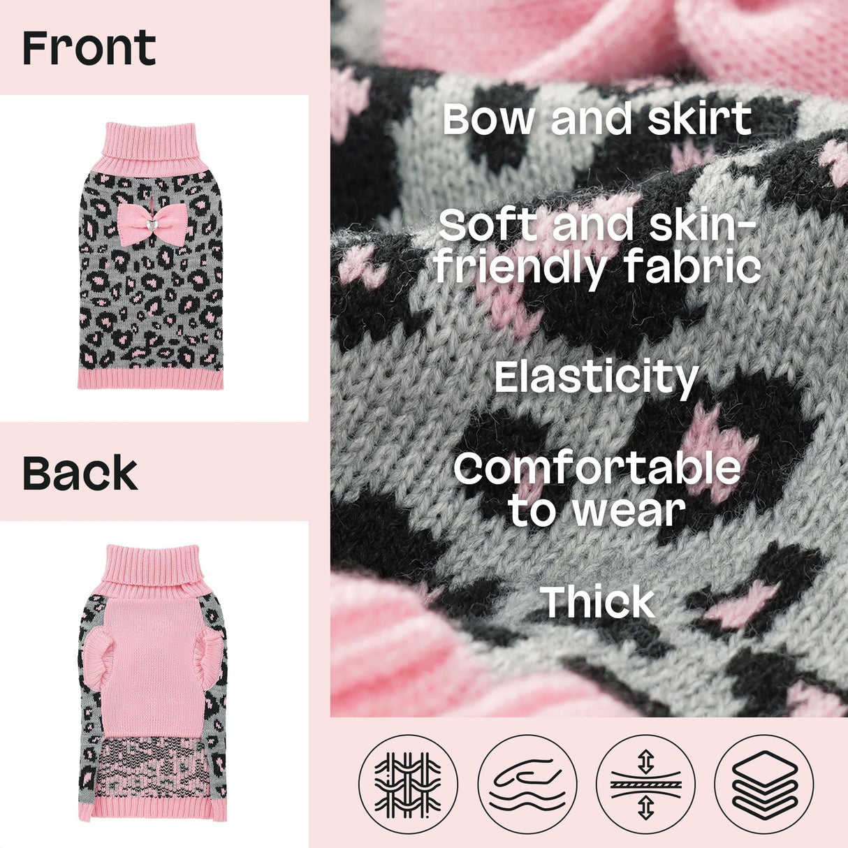 YUDODO Small Dog Sweater with Bowtie Turtleneck Leopard Knitted Pet Girl Dog Winter Clothes Warm Sweater for Yorkies Chihuahua with Leash Hole (S, Pink Leopard)